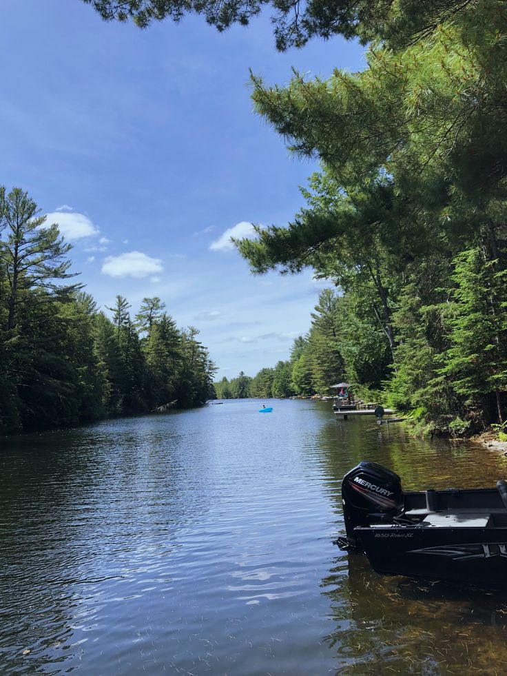 there is a boat that is in the water near some trees and boats on the shore