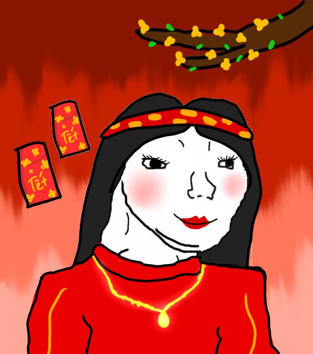 a drawing of a woman in a red dress and gold necklace with chinese characters above her head