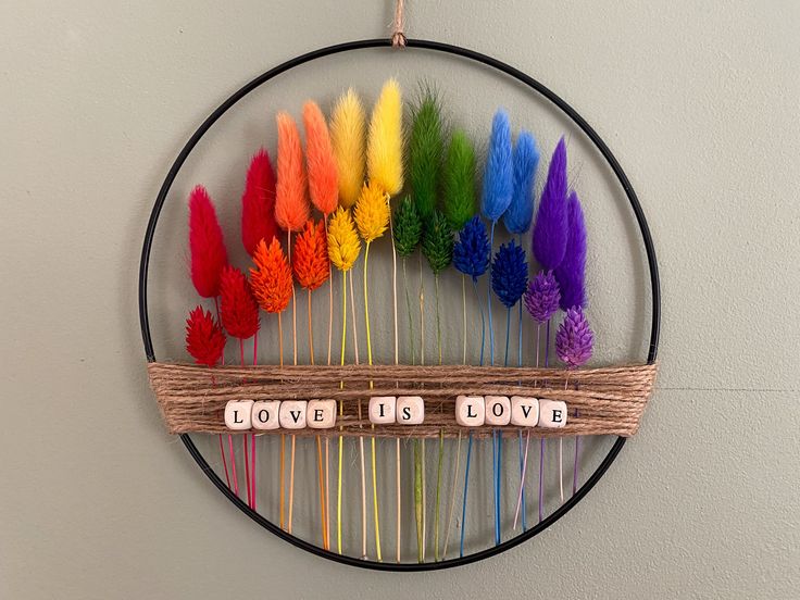 colorful feathers are arranged in a circle with words above them that read love is love