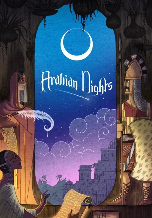 the cover to arabian nights, with an image of a man sitting in front of a window