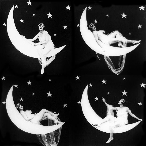 four images of women sitting on the moon with stars in the night sky above them