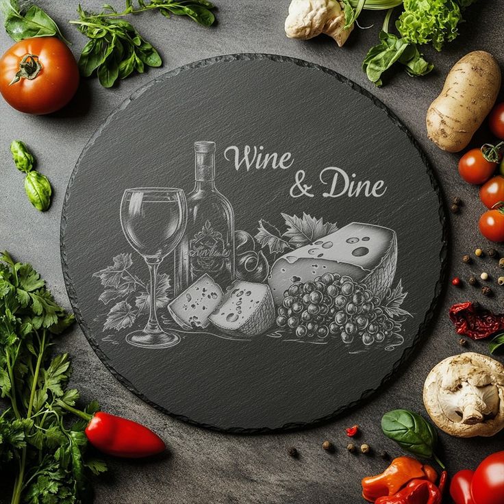 wine and dine slate cheese board surrounded by vegetables