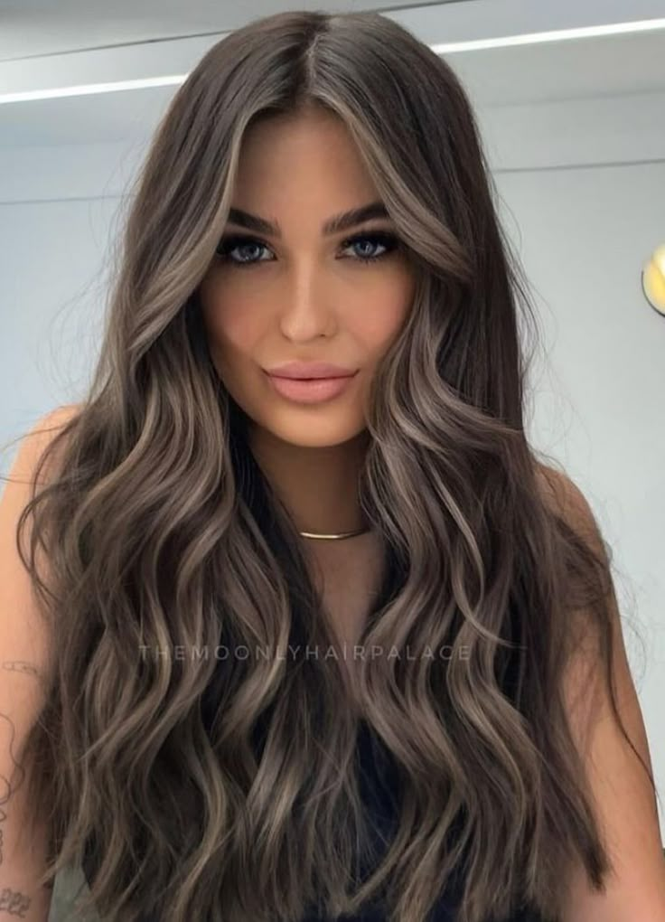 Soft Dark Brown Balayage, Dark Hair And Green Eyes Woman, Brown Balayage Ashy Brown, Smokey Balayage Brunettes, Dark Hair Colour Ideas Brunettes, Dark Brown Hair With Babylights Balayage, Dusty Brunette Hair, Going Back To Brown Hair From Blonde, Ashy Brunette Hair Balayage