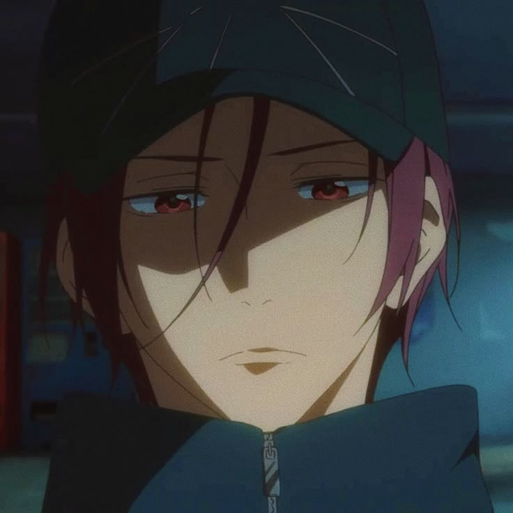 an anime character with red eyes wearing a blue jacket and cap looking at the camera