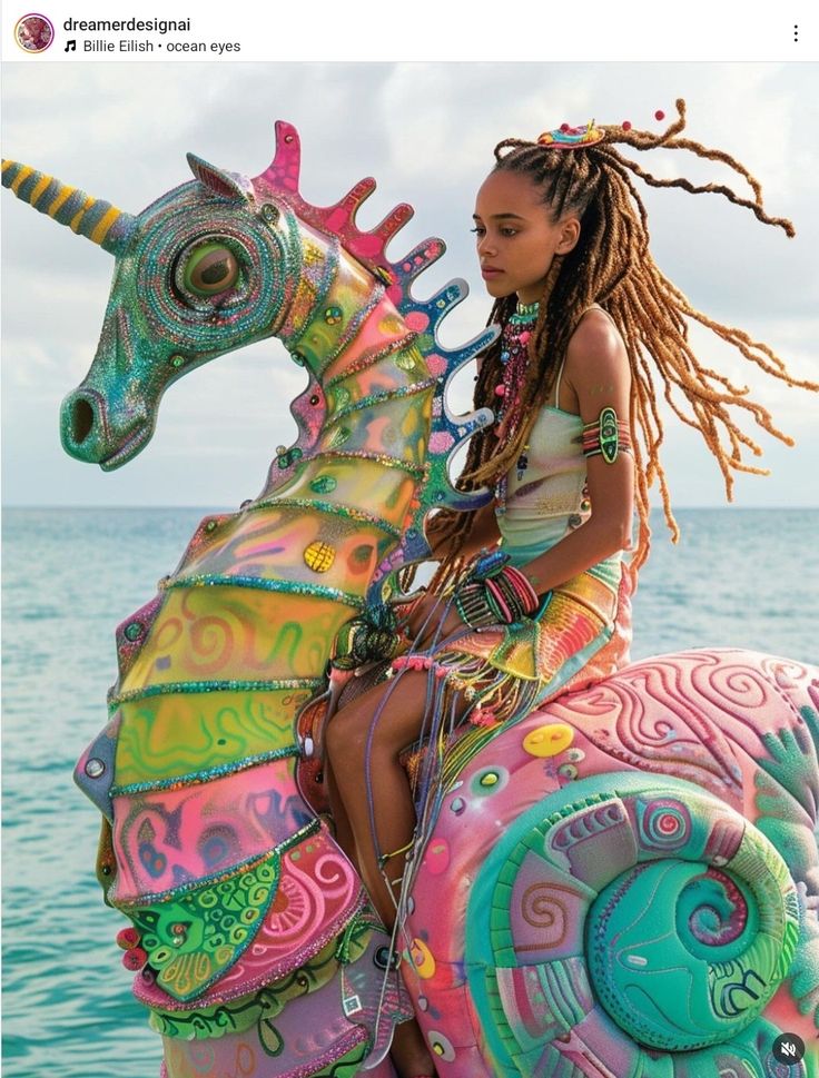 a woman riding on the back of a colorful unicorn shaped float in the middle of the ocean