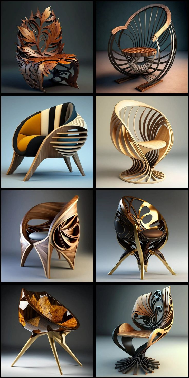 many different types of chairs and tables with designs on the top one is made out of wood