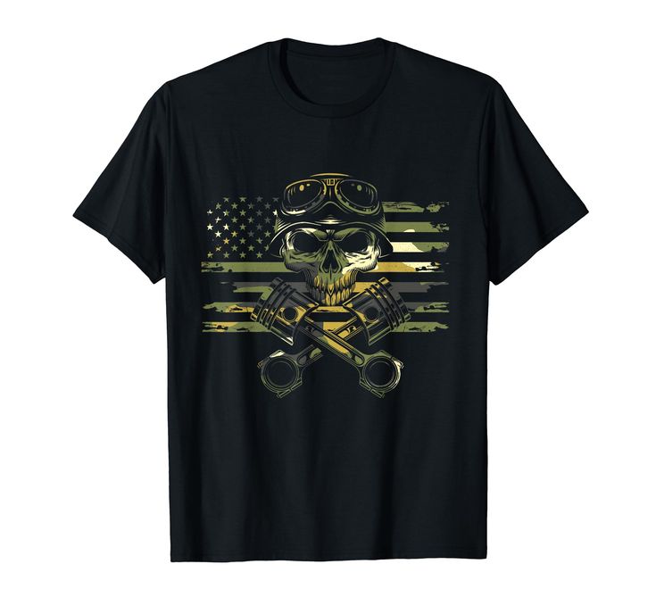 a skull wearing goggles and holding two wrenches in front of an american flag