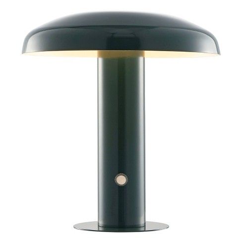 a black table lamp with a white light on the top and one yellow light on the bottom