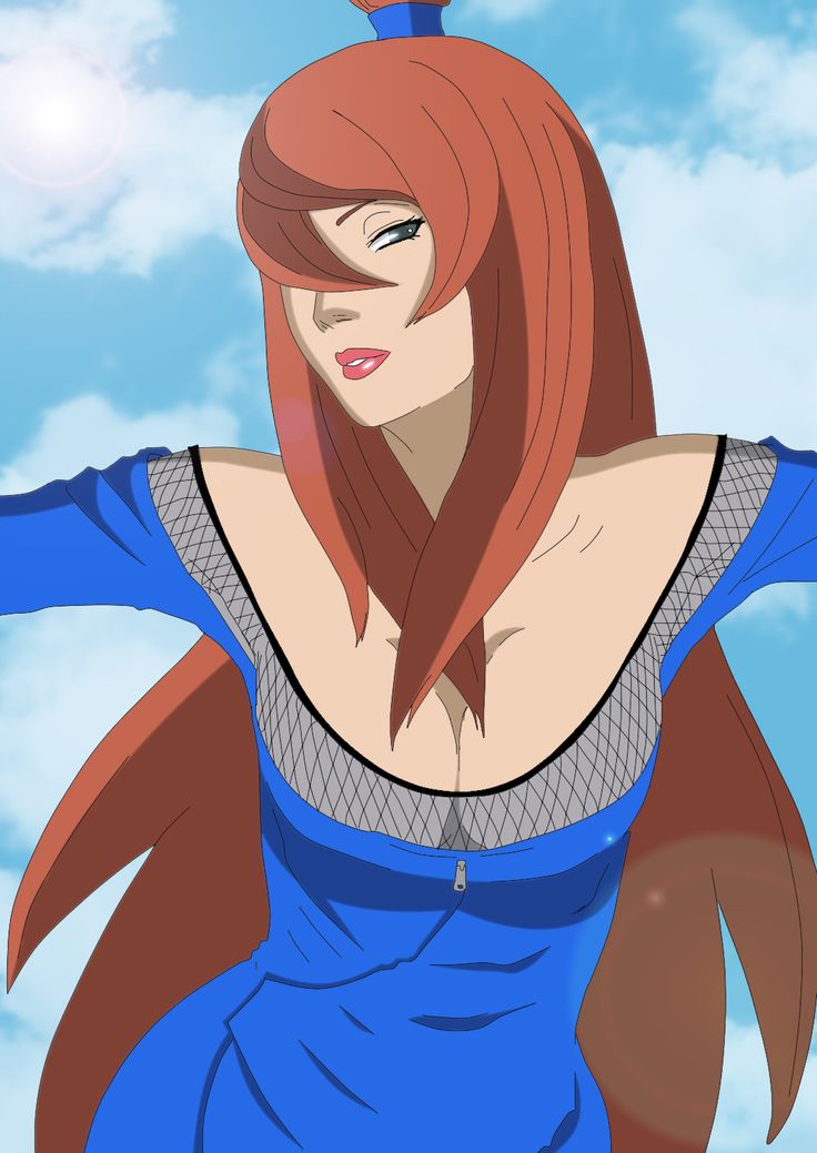 a woman with red hair and blue dress standing in front of the sky, wearing a crown on top of her head