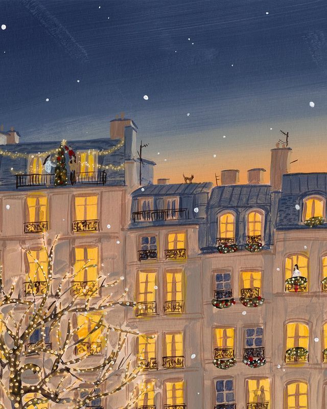 a painting of a building with christmas lights on it's windows and trees in the foreground