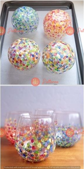 three different shots of colorful confetti in wine glasses