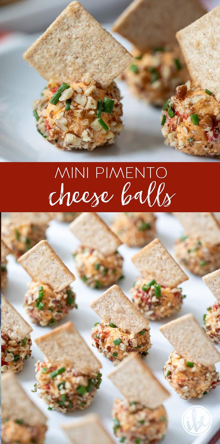 mini pimentoo cheese balls on a white plate with red and green napkins