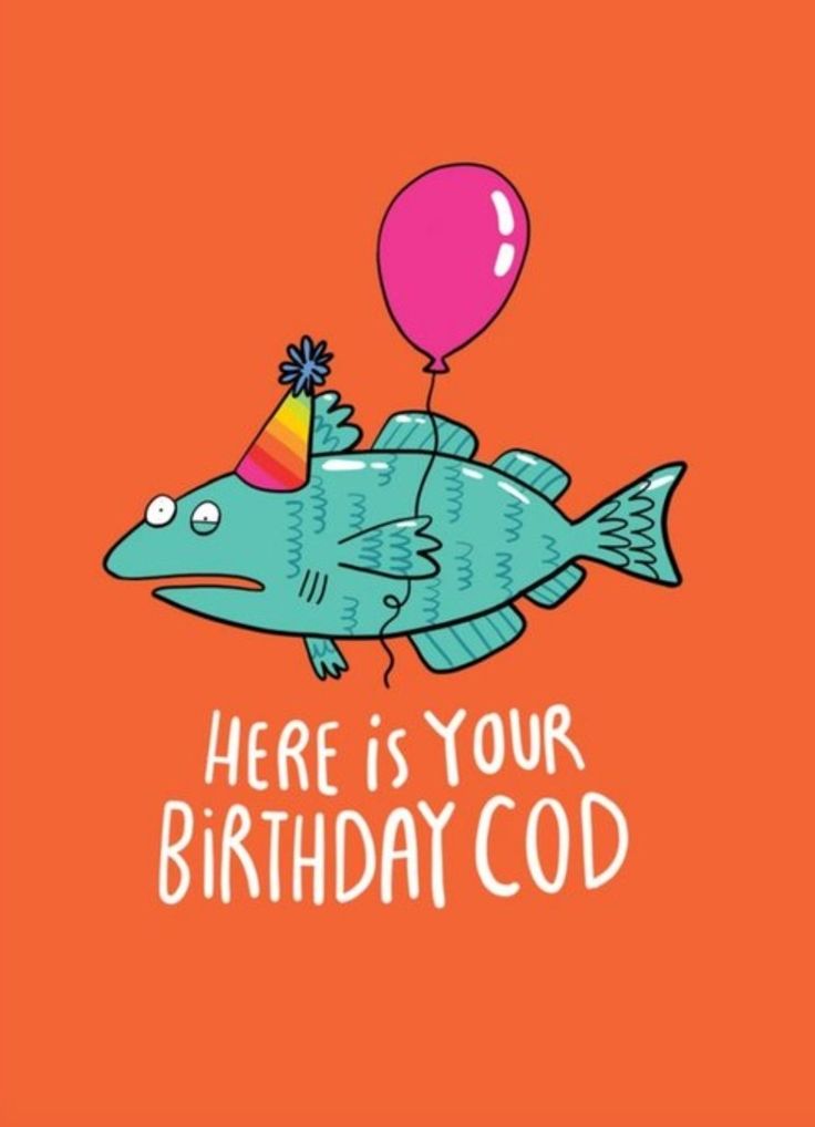 there is your birthday card with a fish holding a balloon