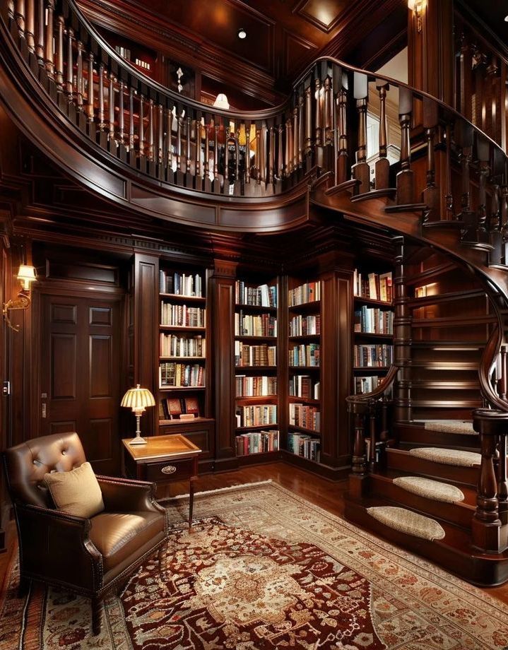 a room with a spiral staircase, bookshelf and leather chair in front of it