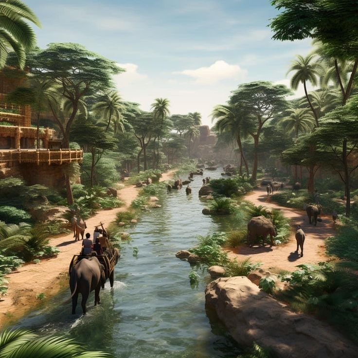 an artist's rendering of people riding horses through a jungle like area with palm trees