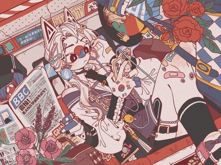 an image of some anime characters in the background with flowers and magazines on the floor