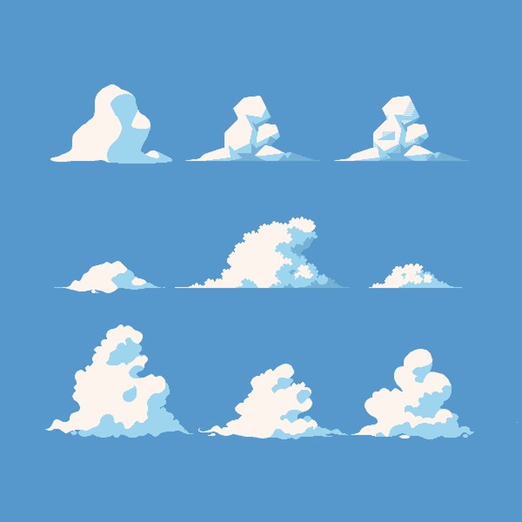 four different types of clouds on a blue sky with one cloud floating in the air