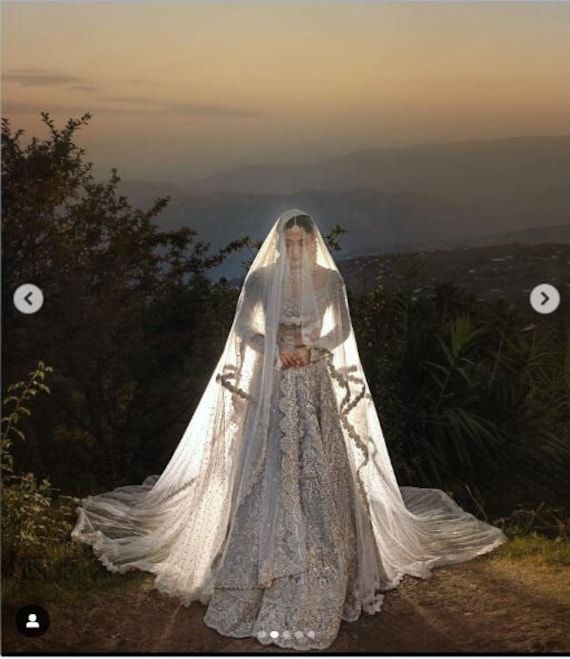 a woman in a white wedding dress standing on top of a hill with her veil draped over her head