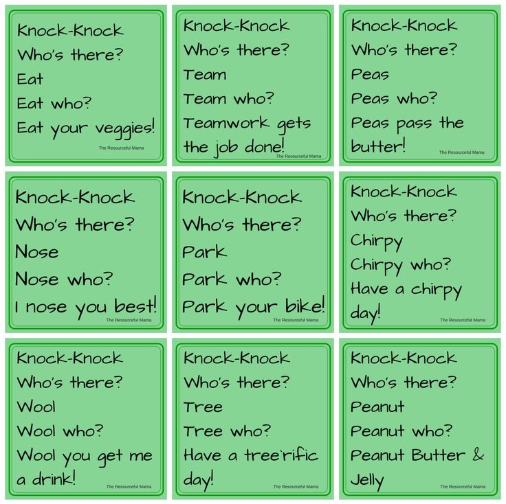 six green cards with words that say knock knock who's there? and what's there?