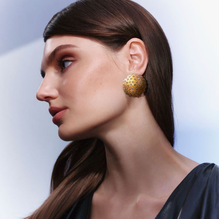 A dazzling twist on classic statement studs, the Gaia Midi Jet Earrings in Gold Luxe are inspired by the Greek Goddess Gaia, the mother of the earth and all life. Featuring an earth-dome shape adorned with delicate crystals, these earrings blend bold, modern elegance with smooth, hand-painted textures and sparkling details. Handmade in Detroit, they offer a unique touch of sophisticated glamour for those who seek a look that’s truly one-of-a-kind. HANDLE WITH CARE Each gem is handmade with high- Greek Goddess Gaia, Earth Dome, Alphabet Jewelry, Stocking Fillers For Her, Forever Jewelry, Feminine Power, Jewelry Ring Box, Earrings In Gold, Men's Jewelry Rings