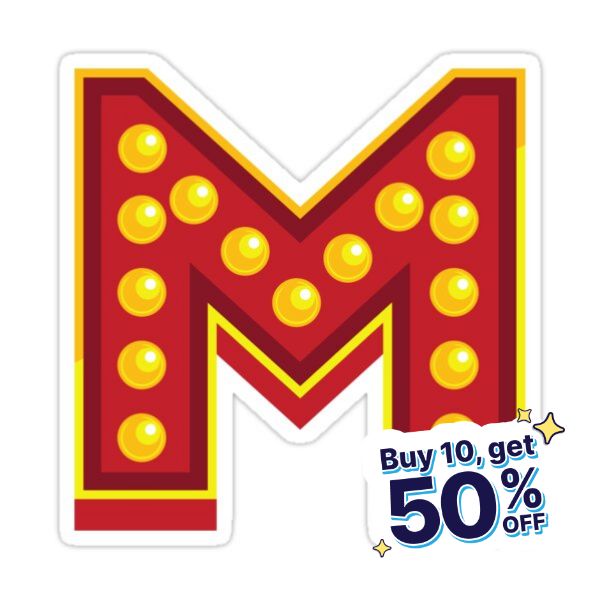 the letter m sticker is red and yellow with lots of gold balls on it