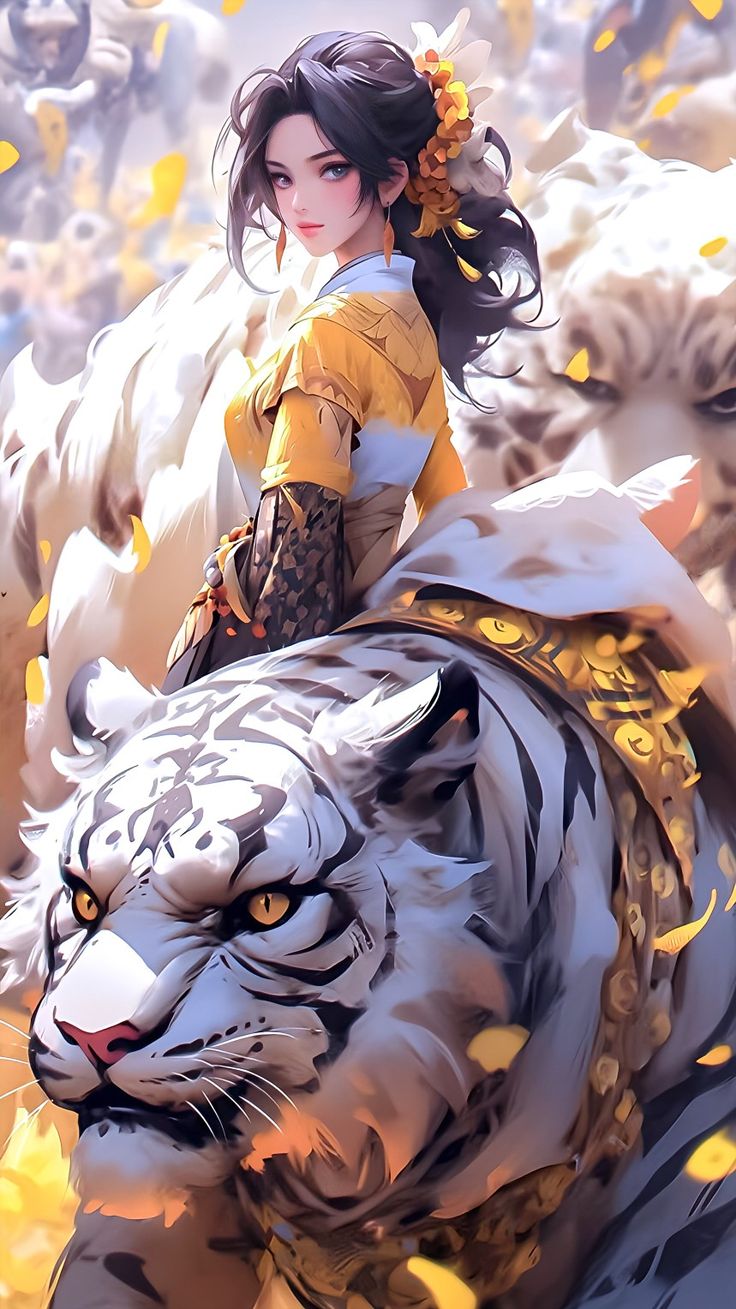 a woman riding on the back of a white tiger in front of yellow and orange leaves