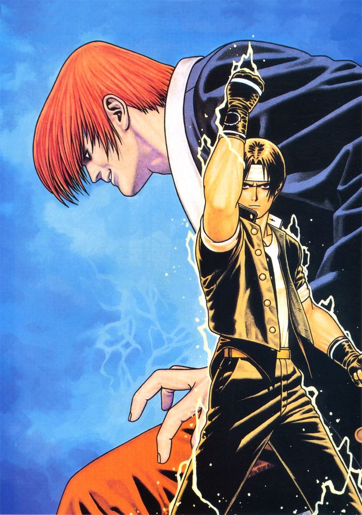 an anime character with red hair and black clothes holding his hand up in the air