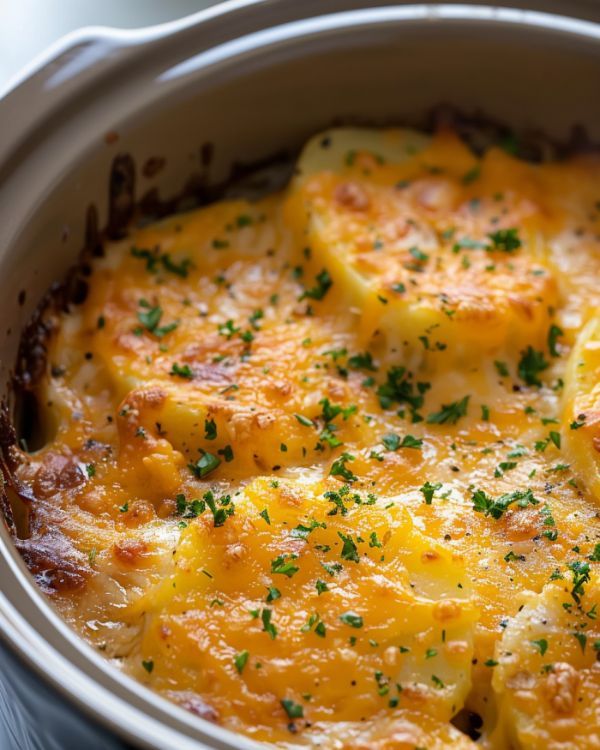 a casserole dish with potatoes and parsley