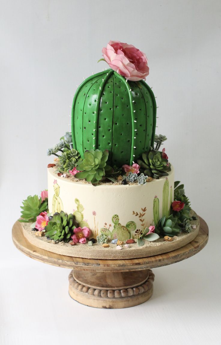 a cake decorated with cactus and succulents