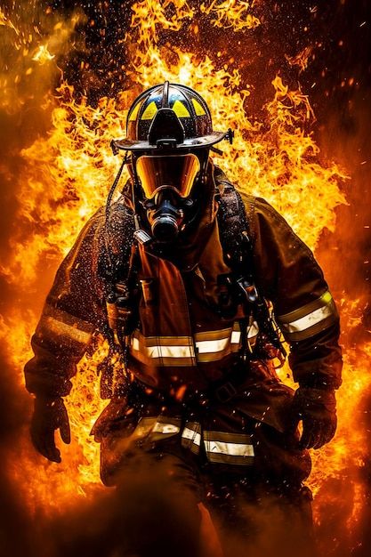 a firefighter standing in front of a blazing background