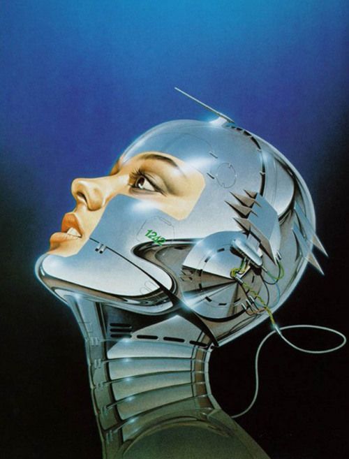 a futuristic woman's head with wires coming out of it and the face is made up of metal parts