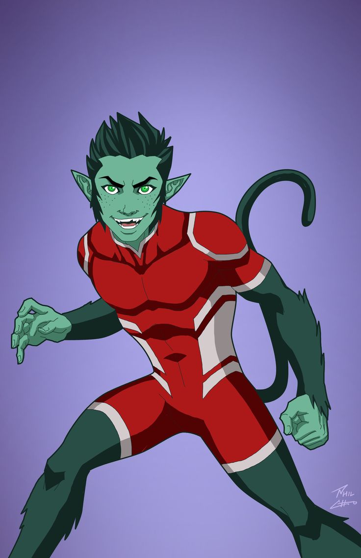 an animated image of a man in red and white with green hair, holding his arms out