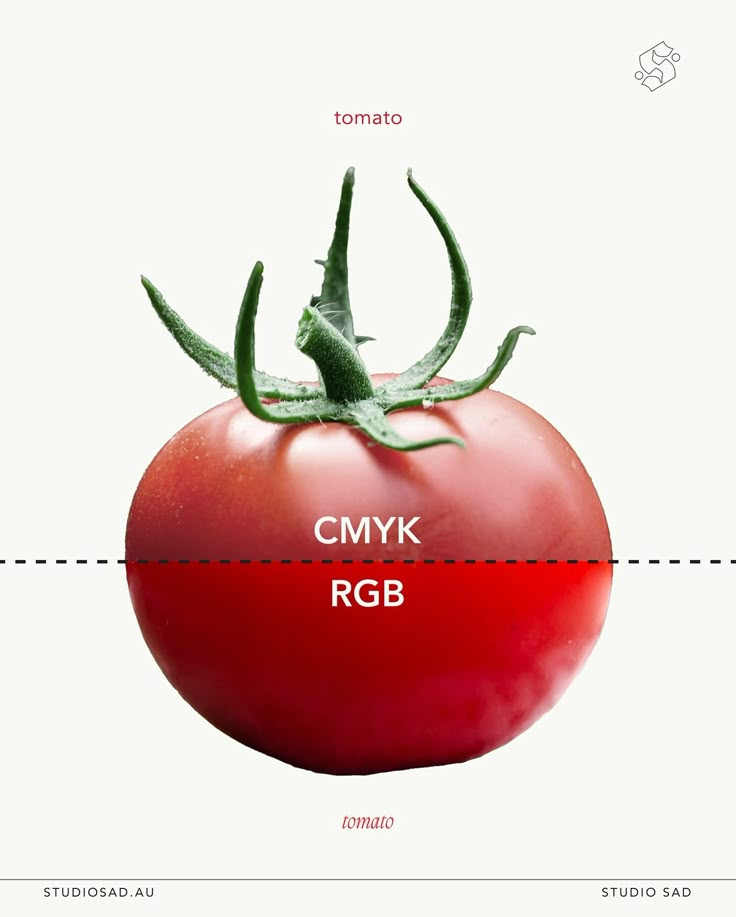 a tomato is shown with the name cmyk rgb on it's side