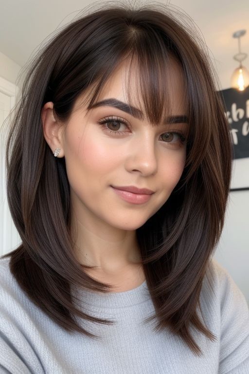 High Cheek Bones Hairstyles, Medium Voluminous Hair, Haircuts For Long Shaped Face, Short Haircut On Oval Face, Short Brown Hair With Bangs Straight, Haircut Ideas 2024 Long Hair, Hair For Women Over 40 Round Face, Thick Collar Bone Length Hair, Medium Hair For Heart Shaped Face