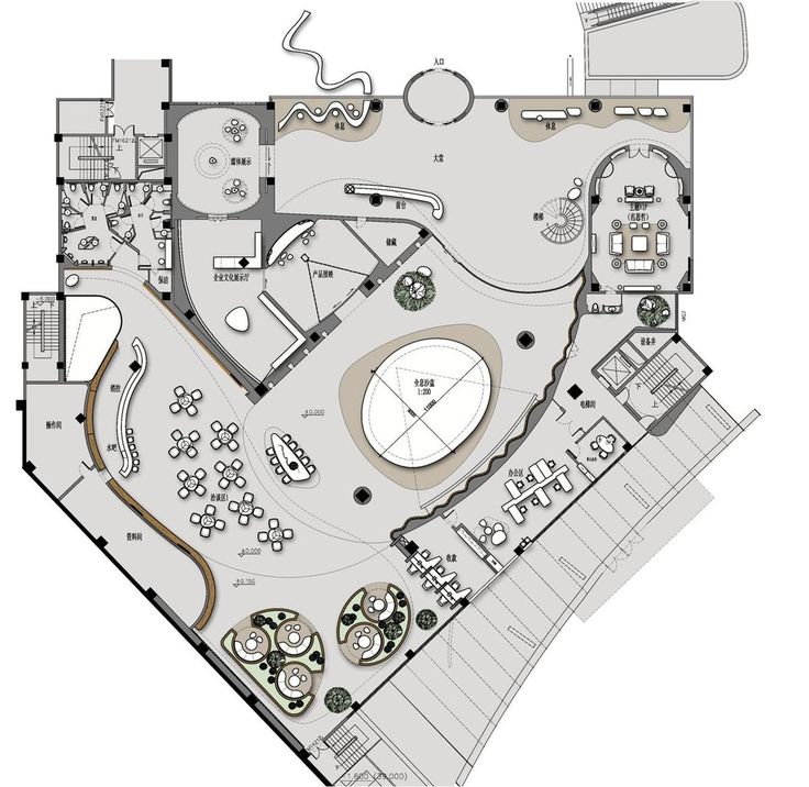 the floor plan for an indoor swimming pool and spa area with seating areas, water features and outdoor shower