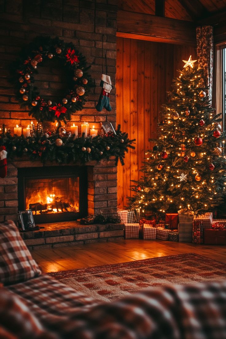 a living room with a christmas tree in the corner and lit candles on the fireplace