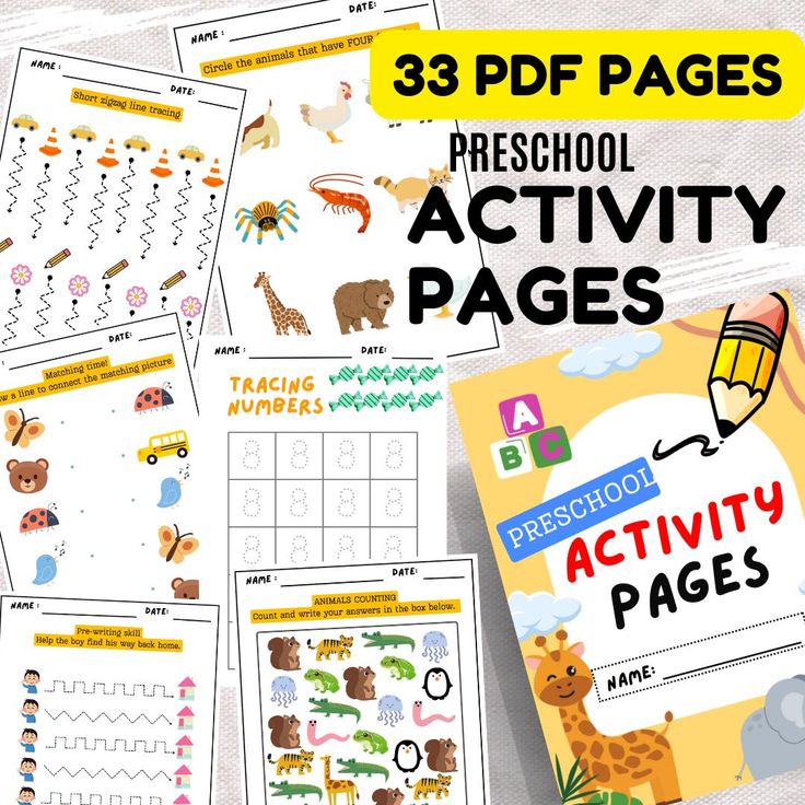 the preschool activity pages are filled with animals and numbers