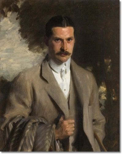 a painting of a man with a moustache holding a cane and wearing a suit