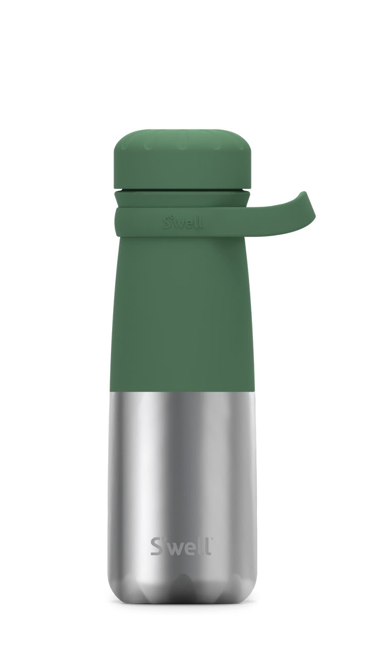 a green and silver water bottle on a white background with the word swell printed on it