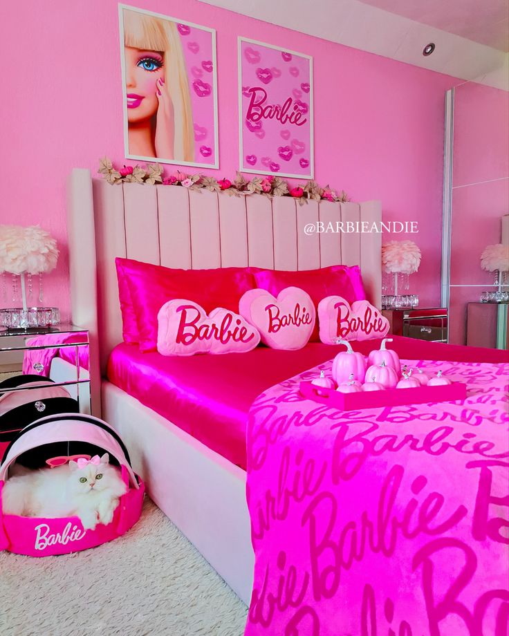 a bed room with a neatly made bed and pink decor on the wall above it