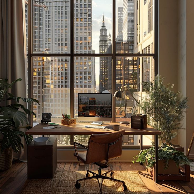 an office with large windows overlooking the cityscape and skyscrapers is pictured in this image