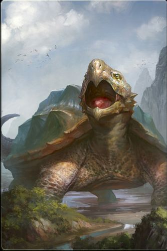 a large turtle with its mouth open standing in front of some rocks and trees on the ground