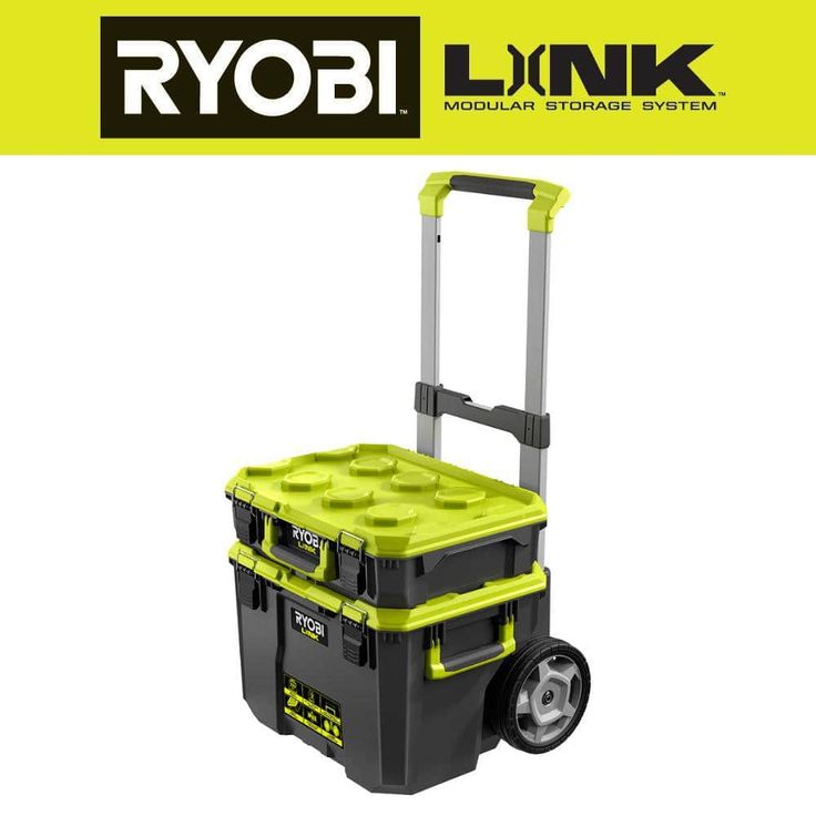 The RYOBI LINK Modular Storage System is revolutionizing the storage industry, enabling you to Organize, Access and Transport your life. The RYOBI LINK Rolling Tool Box is designed with impact resistant material to handle the toughest of situations. It has a wide, steel telescoping handle and 9 in. all terrain wheels that support a 200 lb. load capacity. This Rolling Tool Box is IP65 rated to protect your items from water and dust in any environment. The integrated RYOBI accessory bit storage an Ryobi Link, Bit Storage, Rolling Tool Box, Stationary Storage, Tool Cart, Tool Box Organization, Tool Box Storage, Tool Boxes, Modular Storage