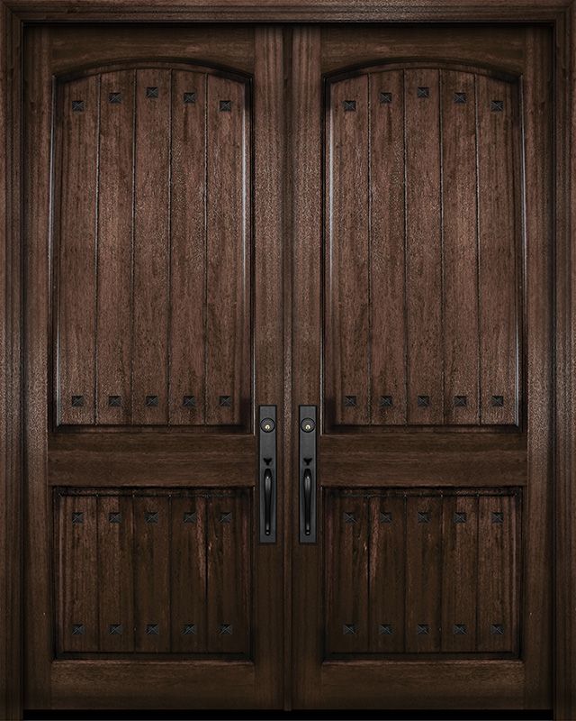 an image of two wooden doors with metal handles on the front and side panels in dark wood