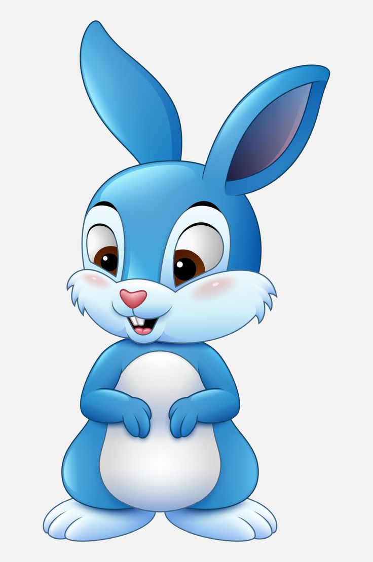 a cartoon blue bunny sitting down with his hands on his hips and eyes wide open