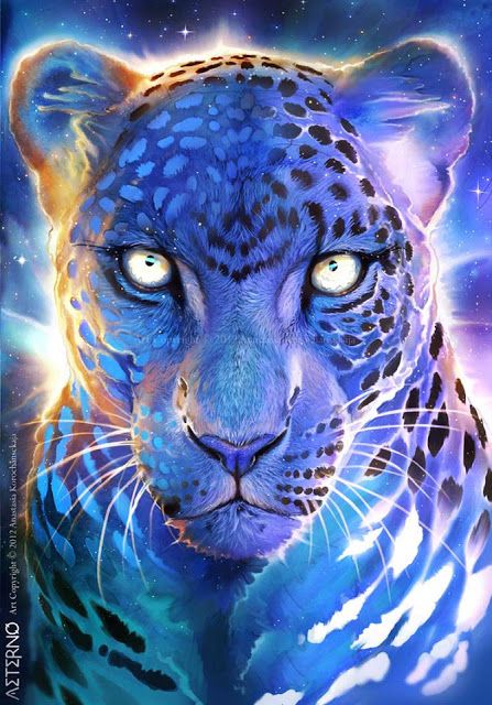 a painting of a blue tiger with yellow eyes and black spots on it's face