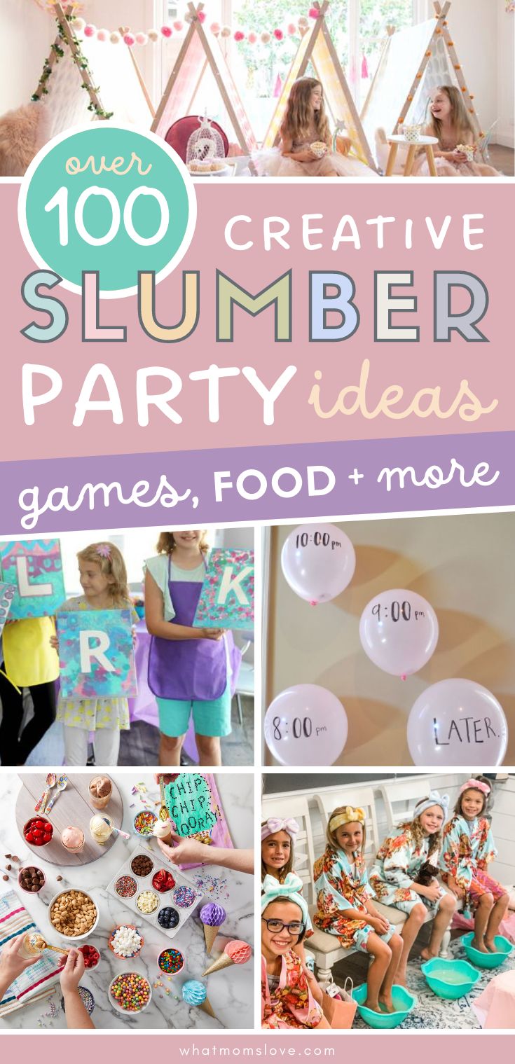 a collage of photos with the words, 100 creative slumber party ideas games food and more