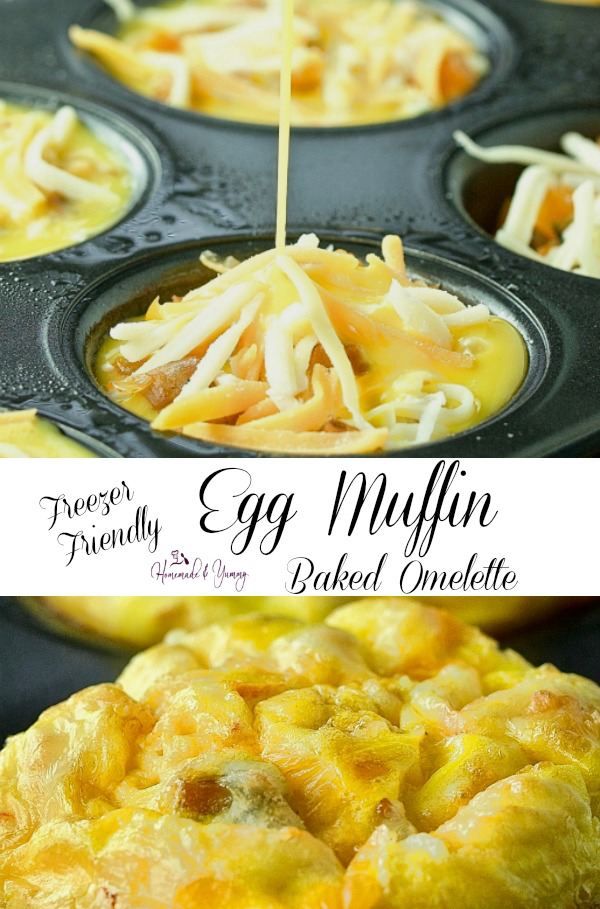 an egg muffin in a muffin tin with cheese being drizzled over it