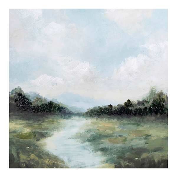 an oil painting of a river with trees in the distance and clouds in the sky