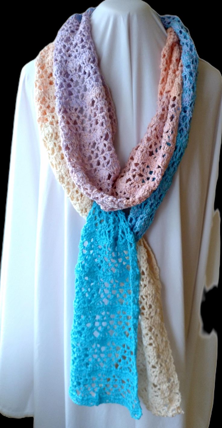 Handmade crochet, 100% cotton scarf in graduated pastel shades. Crocheted Scarf, Pastel Shades, Cotton Scarf, Long Scarf, Crochet Scarves, Shawls And Wraps, Best Friend Gifts, Gifts For Girls, Handmade Crochet